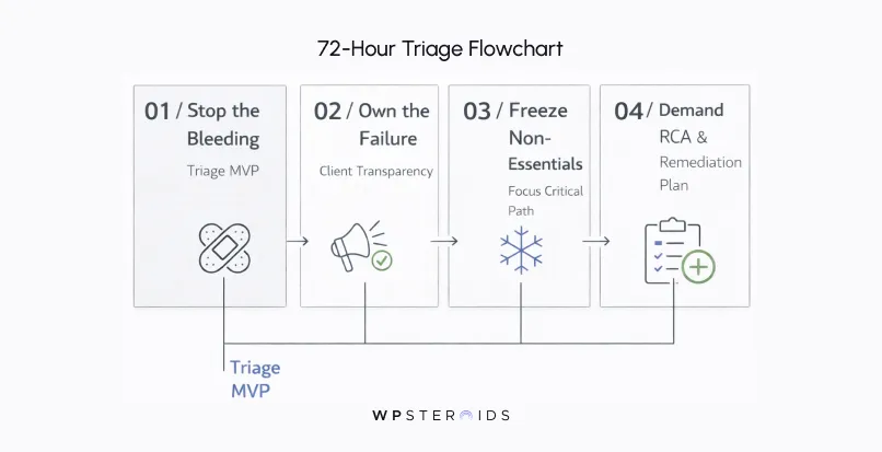 Image: 72-Hour Triage Flowchart with four steps: 01 Stop the Bleeding, 02 Own the Failure, 03 Freeze Non-Essentials, 04 Demand RCA & Remediation Plan. Each step features an icon related to its theme. Minimalist design with a structured, logical flow.