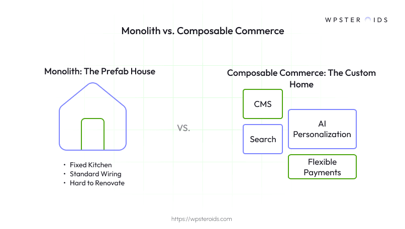Image: Comparing monolith architecture (a prefab house) to composable commerce (a custom home with modular parts like CMS and Search)