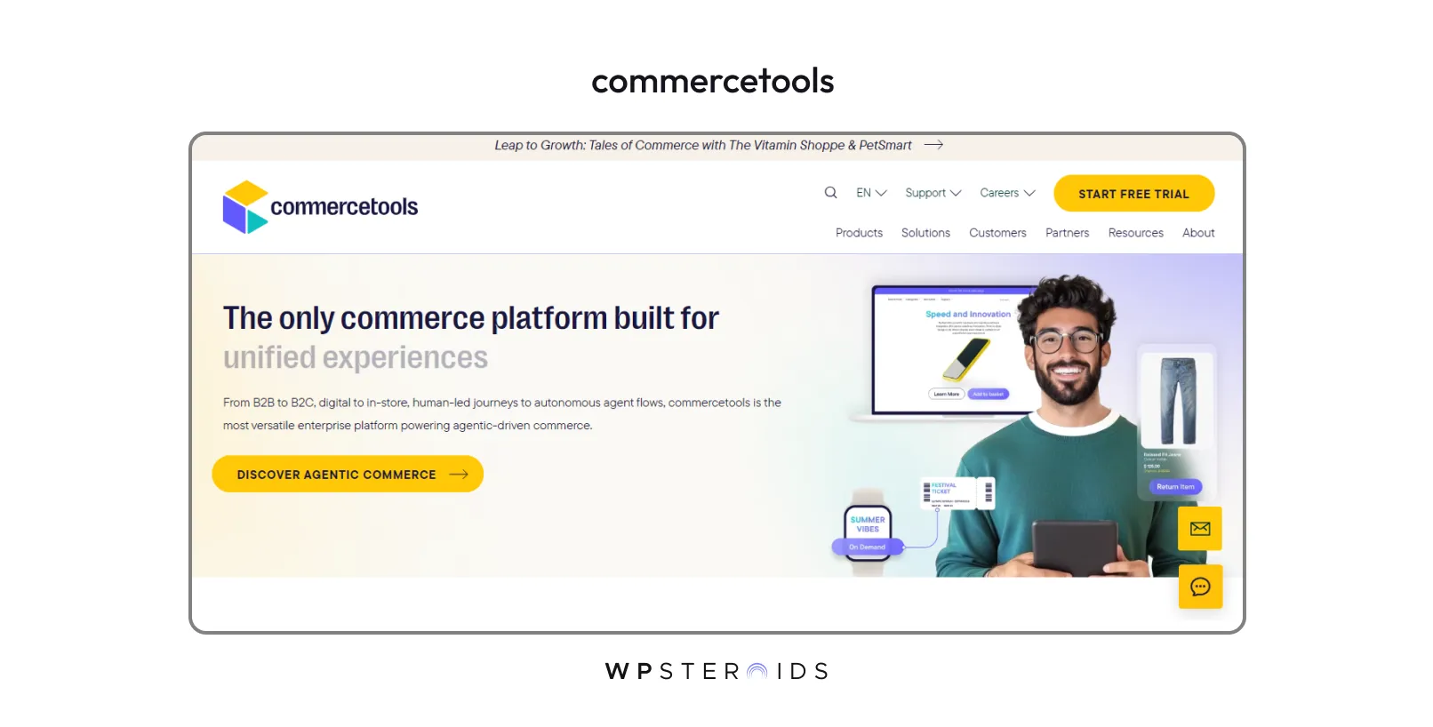 Commercetools webpage features a smiling man holding a tablet, digital shopping elements, and the tagline promoting unified experiences.