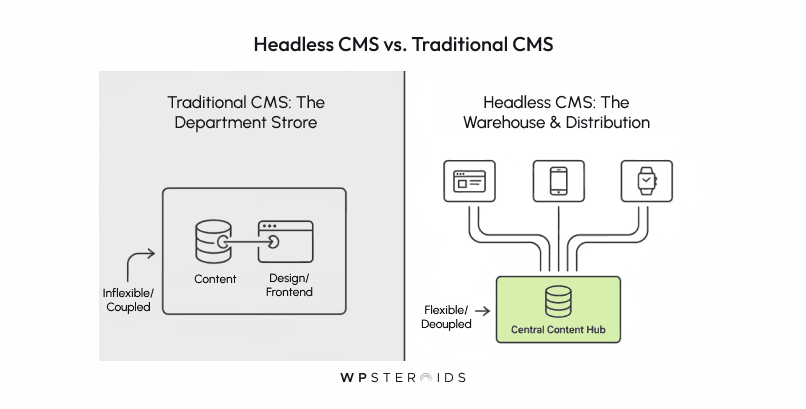 Diagram comparing Traditional CMS and Headless CMS. Traditional CMS shows content and design linked, labeled "Inflexible/Coupled." Headless CMS depicts a central hub connecting to various platforms, labeled "Flexible/Decoupled." Tone: informative.