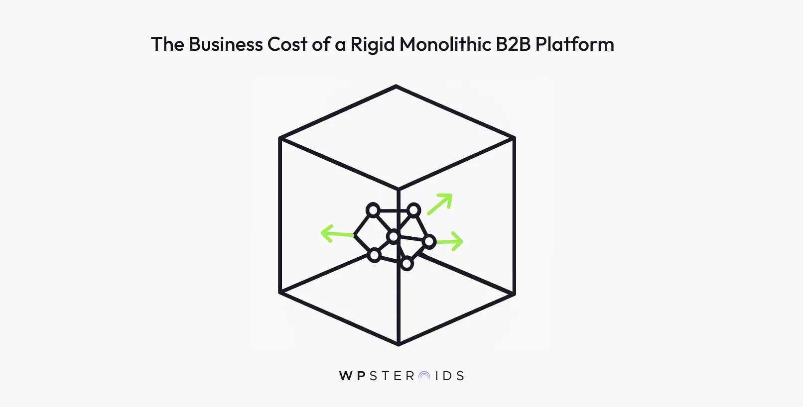 A cube with a molecular structure and green arrows inside, symbolizing inflexibility in B2B platforms. Title: "The Business Cost of a Rigid Monolithic B2B Platform."