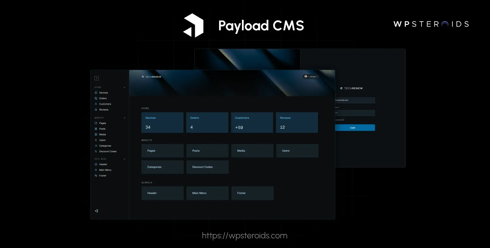 Screenshot of the Payload CMS backend showing website pages, posts, and e-commerce customer data.