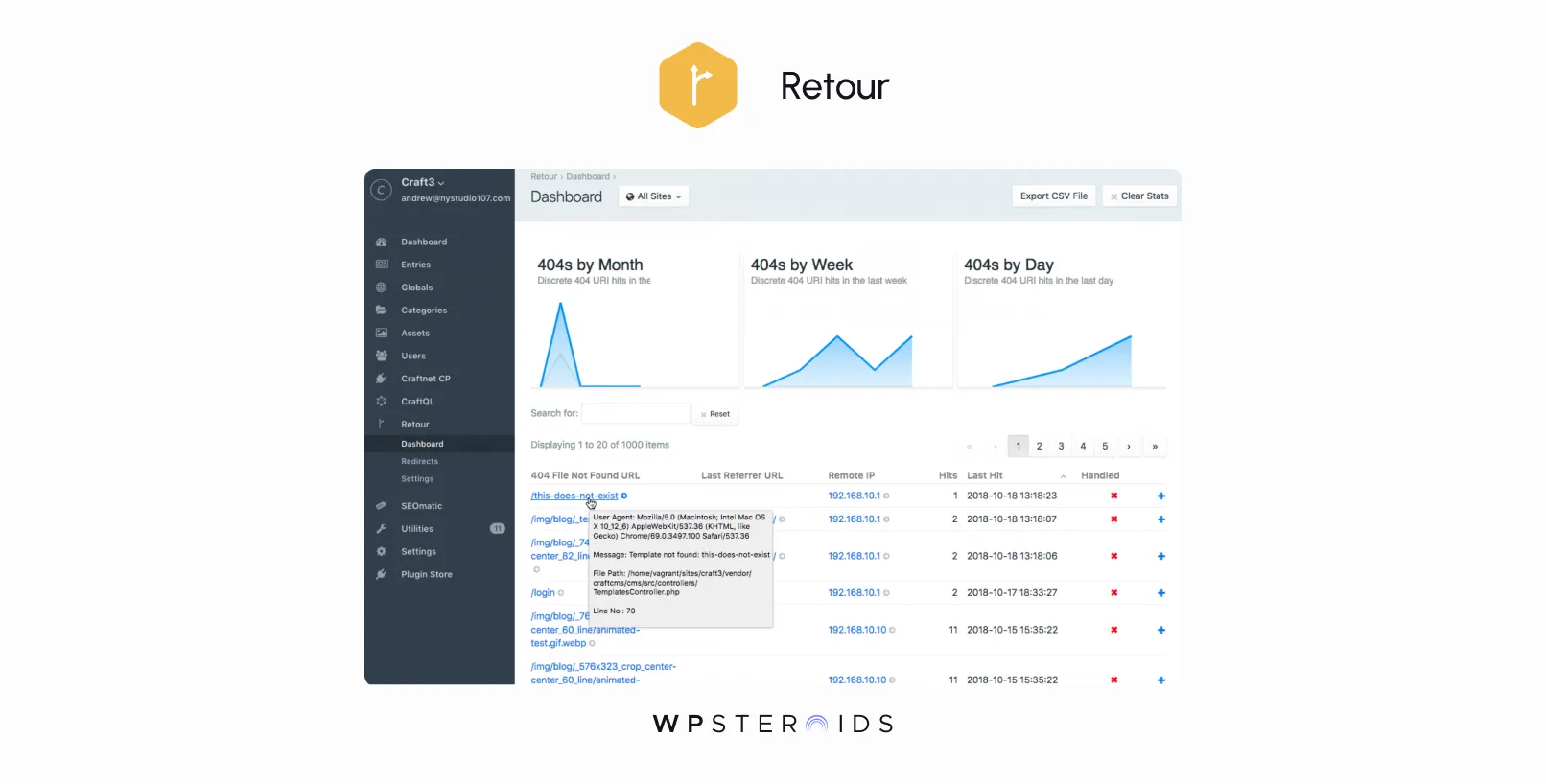 Image: Dashboard of Retour Plugin in Craft CMS