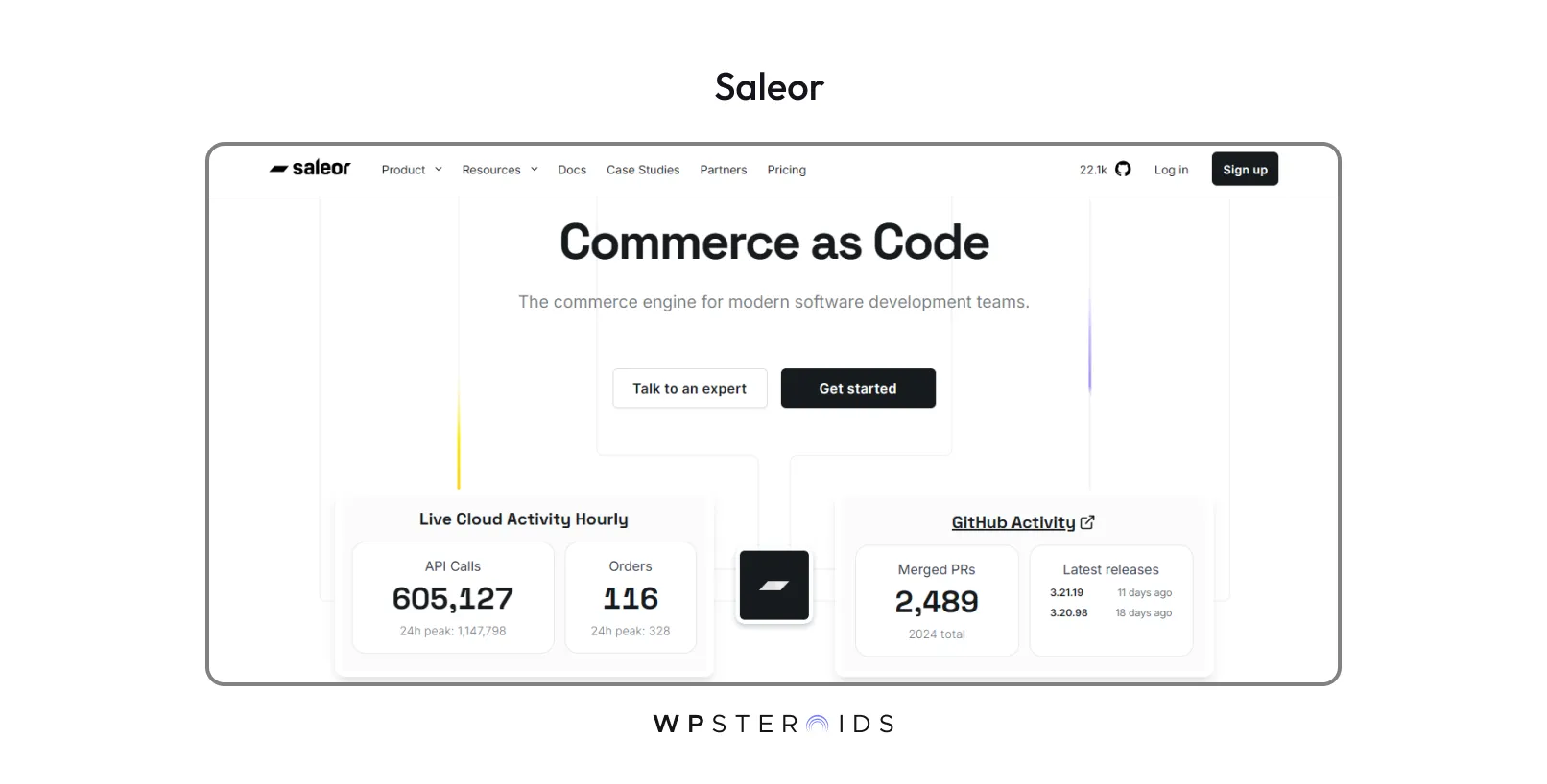 Homepage of Saleor website. Header reads 'Commerce as Code' with options for expert consultation and starting features. Displays live activity metrics like API calls and GitHub updates. Clean, professional design conveys a tech-focused, efficient tone.