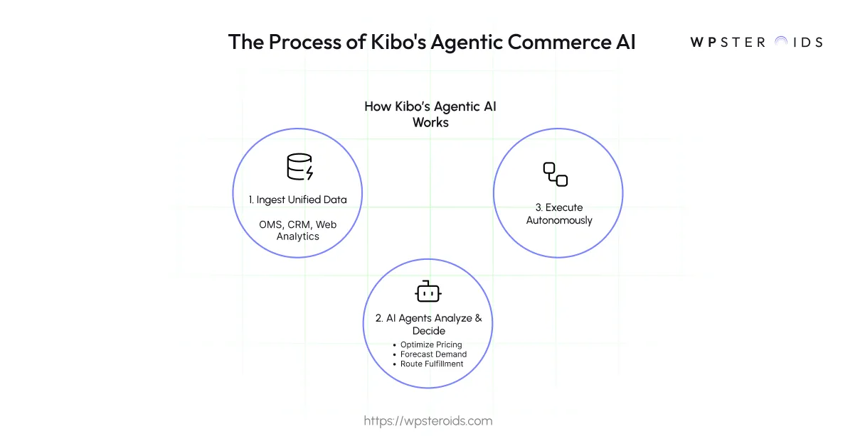 Image: A 3-step visual guide to Kibo's agentic AI, which optimizes pricing and forecasts demand by analyzing unified commerce data.